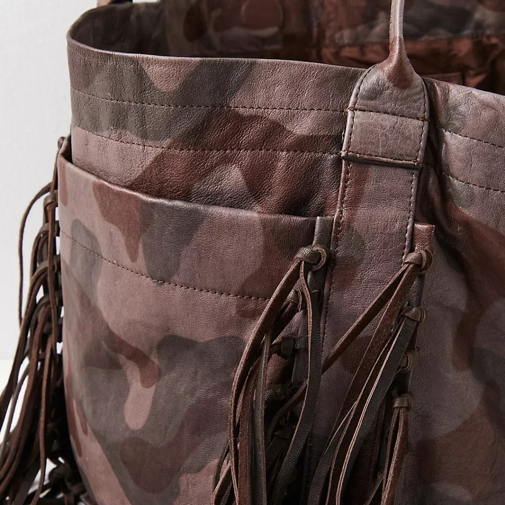 FREE PEOPLE CHRISTIANSEN CAMUFFARE CAMO CAMOUFLAGE LEATHER FRINGE TOTE BAG
